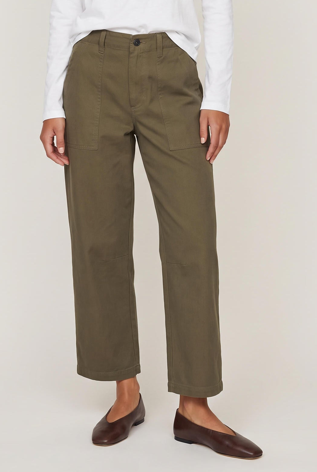 [OLIVE] model wearing Colman Bowed Utility Pant posing Front View