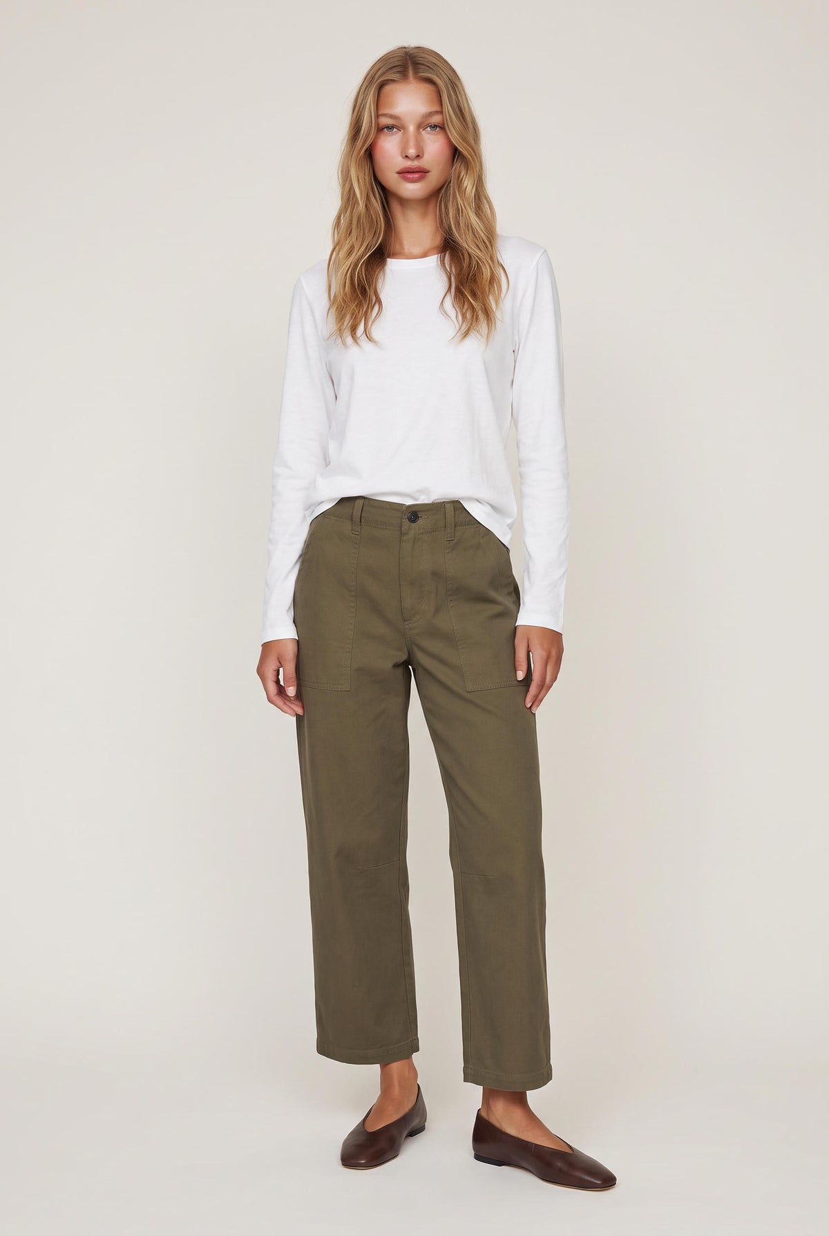 [OLIVE] model wearing Colman Bowed Utility Pant posing Front View