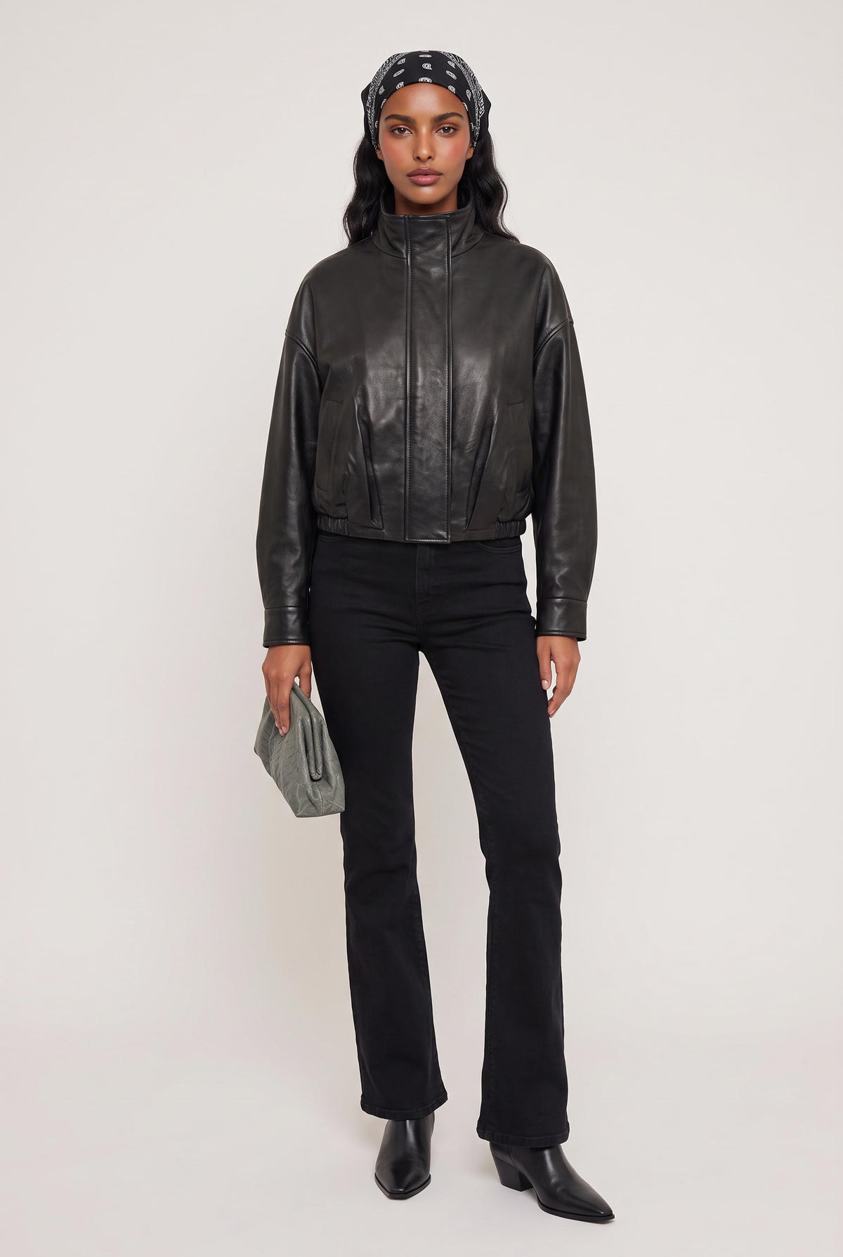 
model wearing Corin Bubble Hem Jacket posing Front View