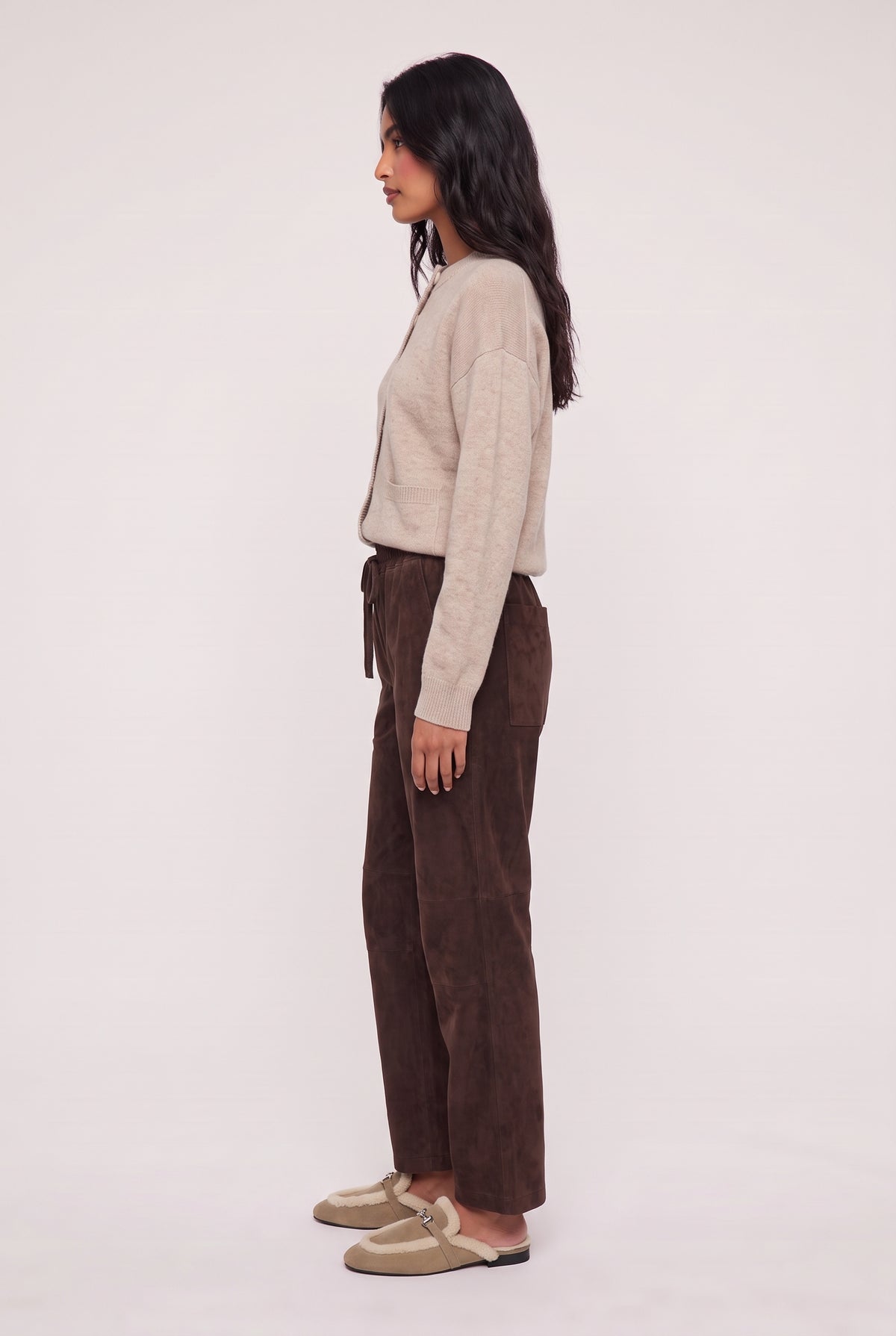 [DKROAST] model wearing Drift Suede Pant posing Side View