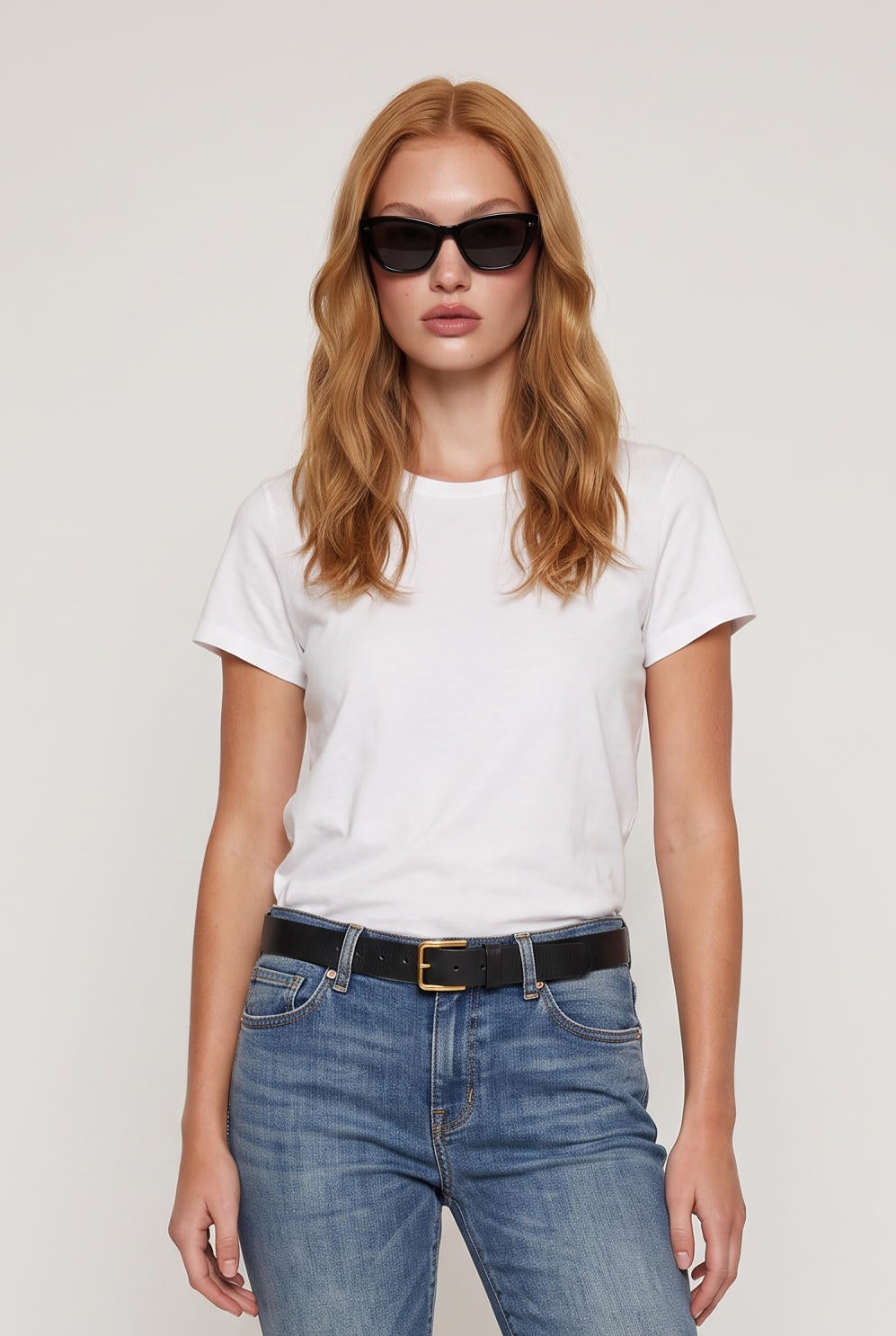 [WHITE] model wearing Junie Slub Tee posing Front View