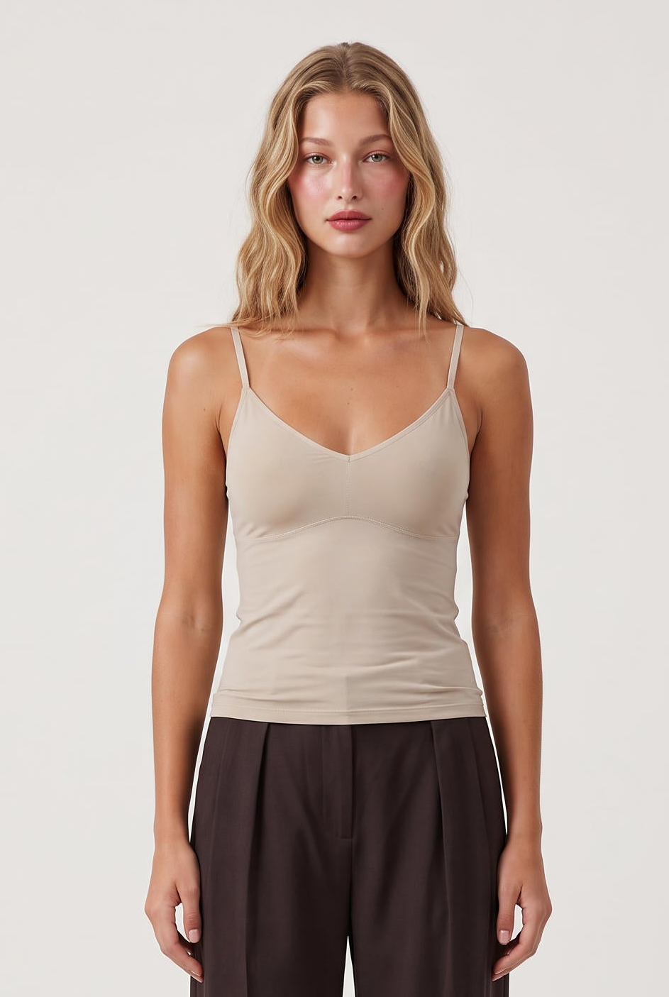 [PEARL] model wearing Luxe Smooth Essential Tank posing Front View