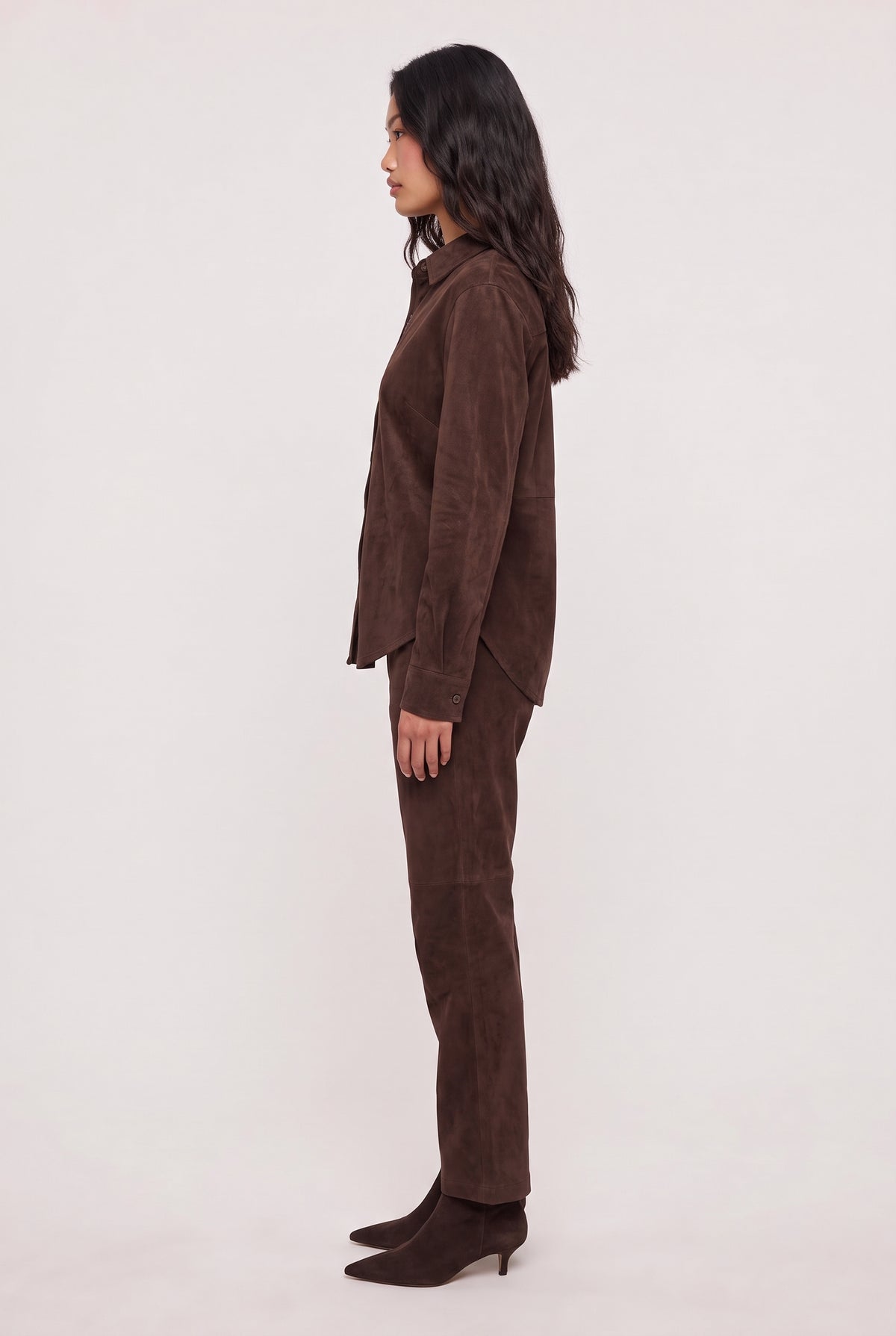 [DKROAST] model wearing Maren Suede Shirt posing Side View