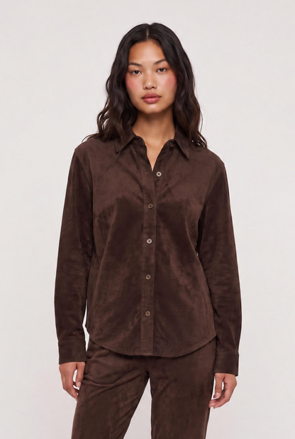 
model wearing Maren Suede Shirt posing Front View