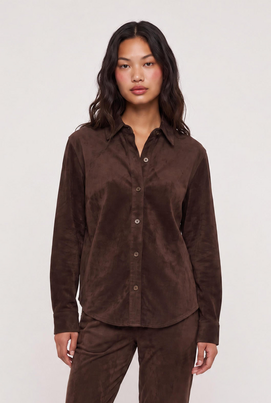 
model wearing Maren Suede Shirt posing Front View