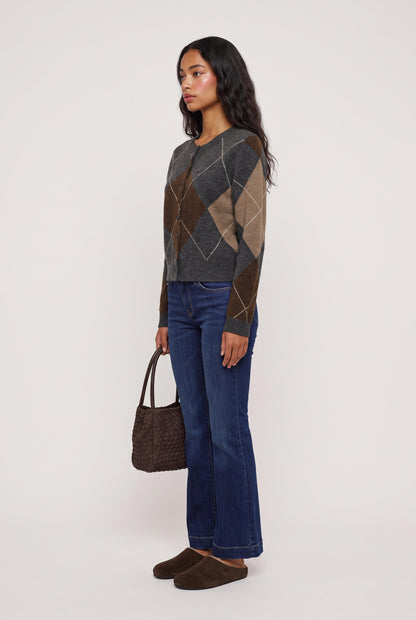 
model wearing Medina Argyle Cardigan posing Side View