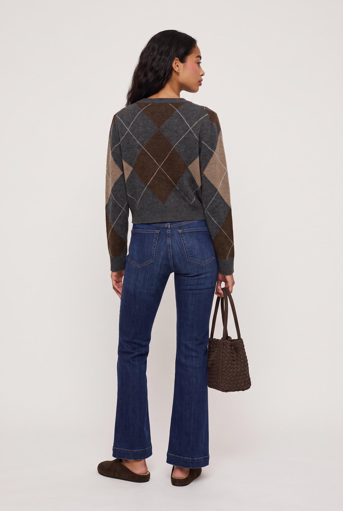 [CHARCOAL] model wearing Medina Argyle Cardigan posing Back View