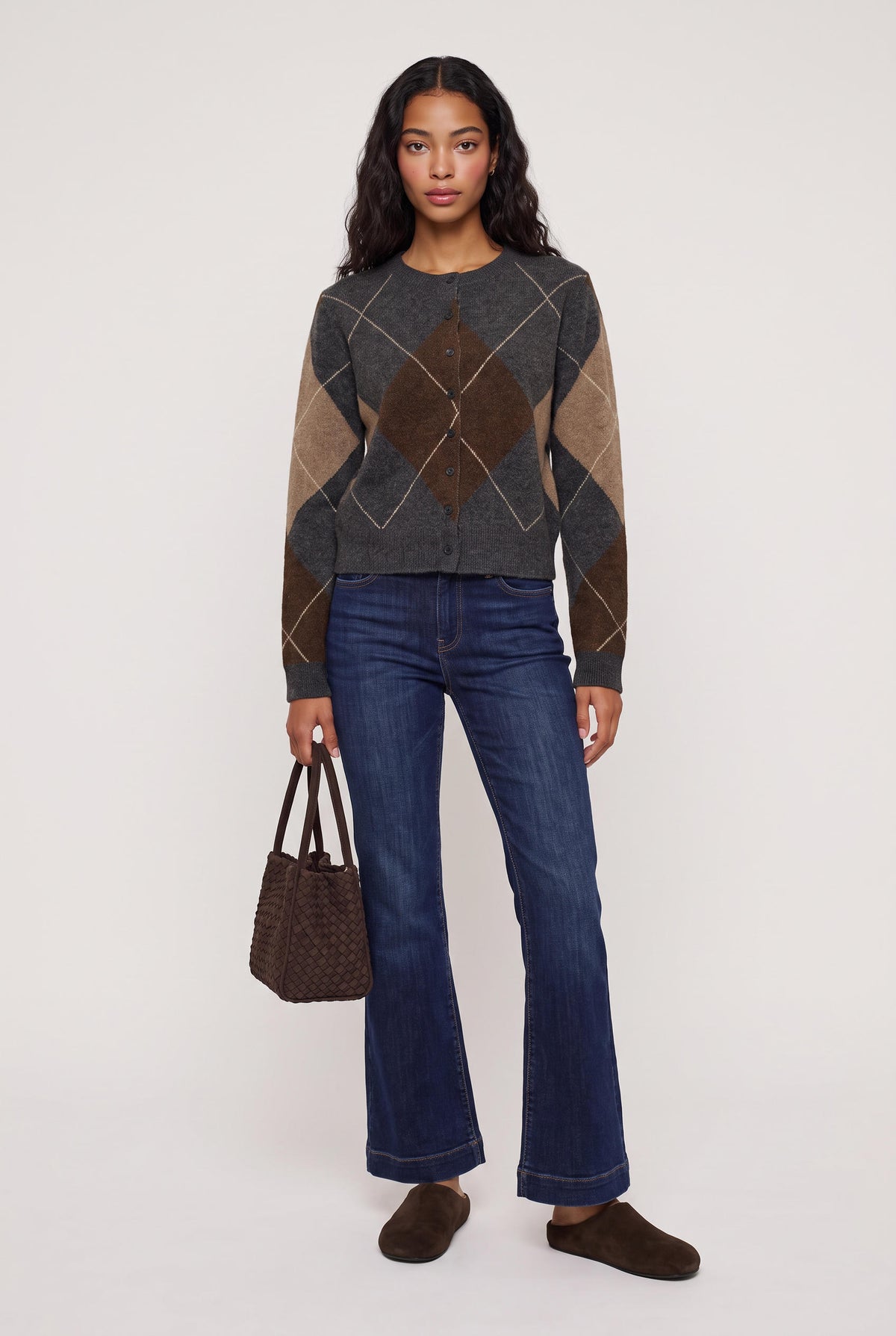 
model wearing Medina Argyle Cardigan posing Front View