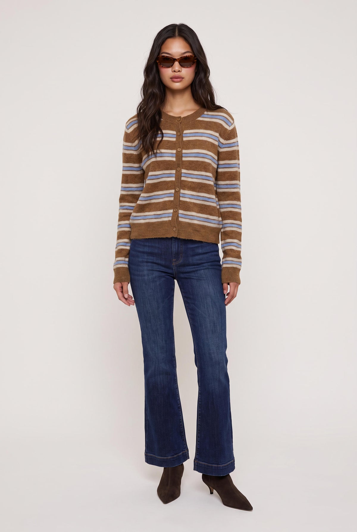 [CARAMEL] model wearing Medina Stripe Cardigan posing Front View