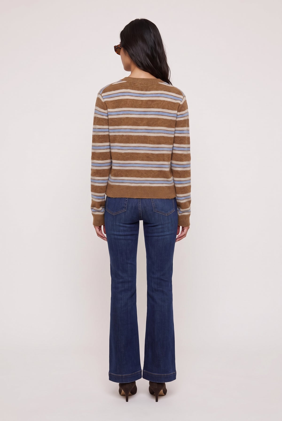 [CARAMEL] model wearing Medina Stripe Cardigan posing Back View