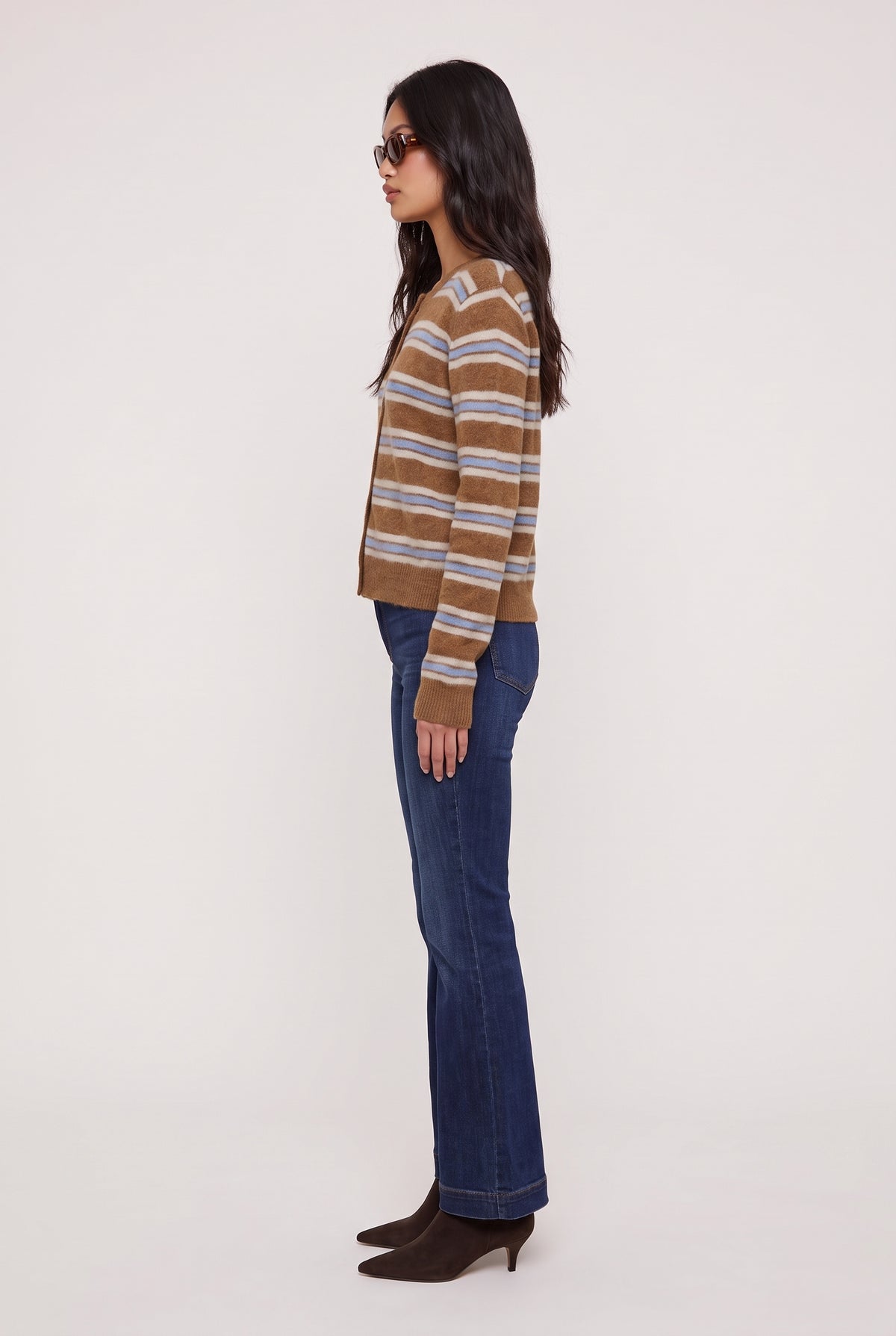 [CARAMEL] model wearing Medina Stripe Cardigan posing Side View