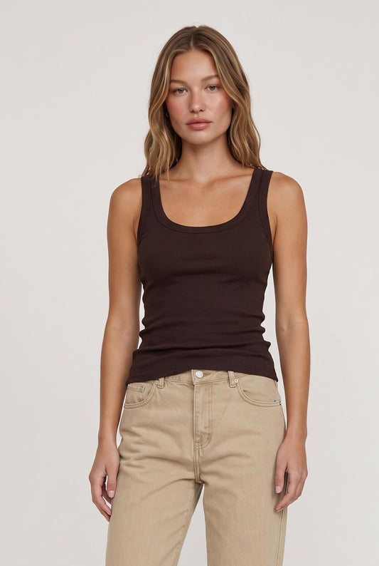 
model wearing Rowe Scoop Tank posing Front View