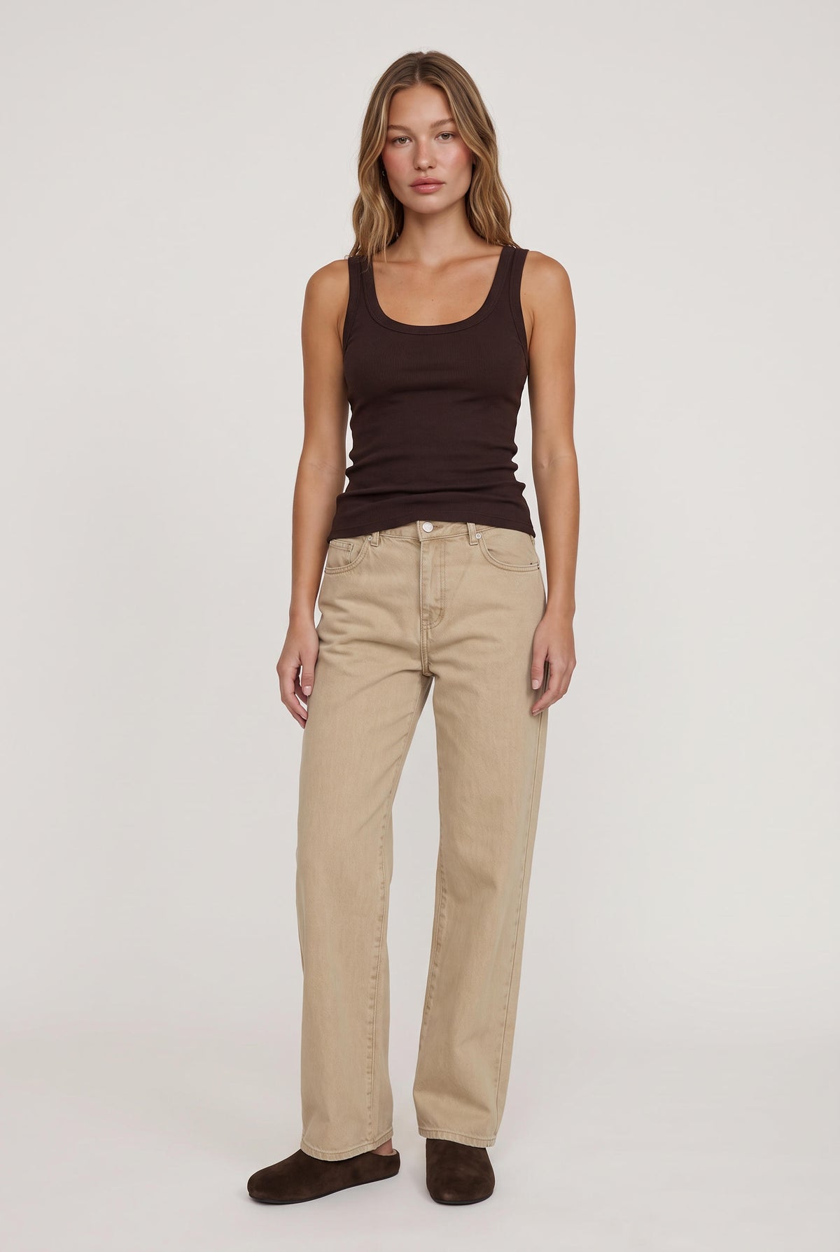 
model wearing Rowe Scoop Tank posing Front View