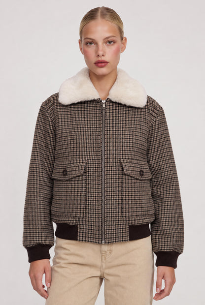 
model wearing Tavi Plaid Bomber Jacket posing Front View