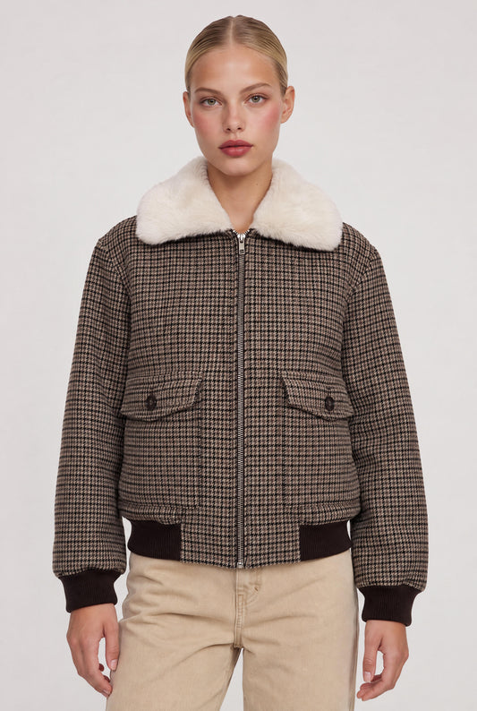
model wearing Tavi Plaid Bomber Jacket posing Front View