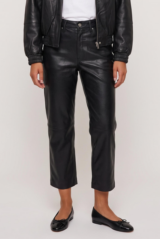 
model wearing Vesper Faux Leather Pant posing Front View