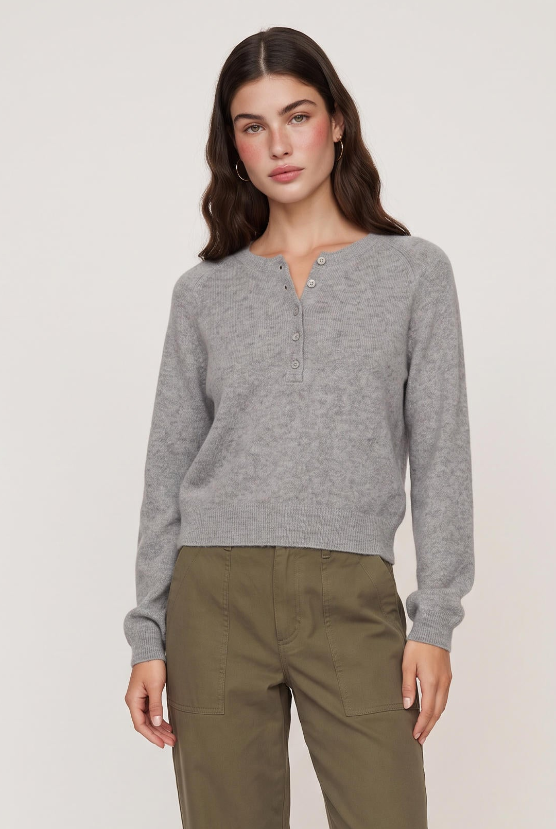 [HGREY] model wearing Westmont Henley Sweater posing Front View