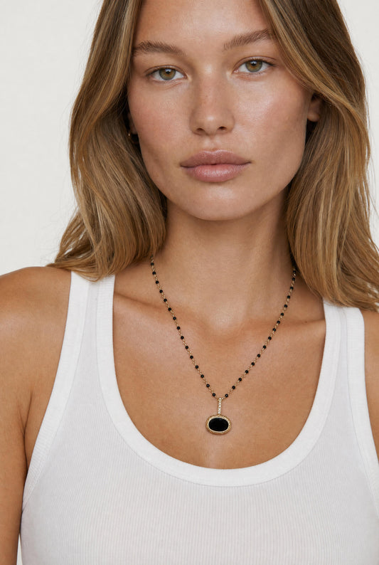 
model wearing Cassie Bead And Pearl Necklace posing Front View