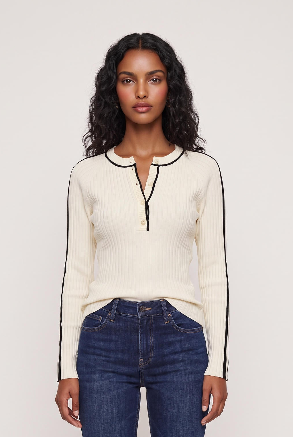 [IVRY/BLK] model wearing Sunny Henley Striped L/s posing Front View