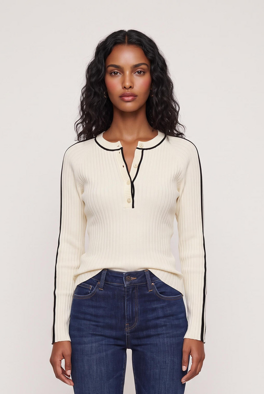 
model wearing Sunny Henley Striped L/s posing Front View