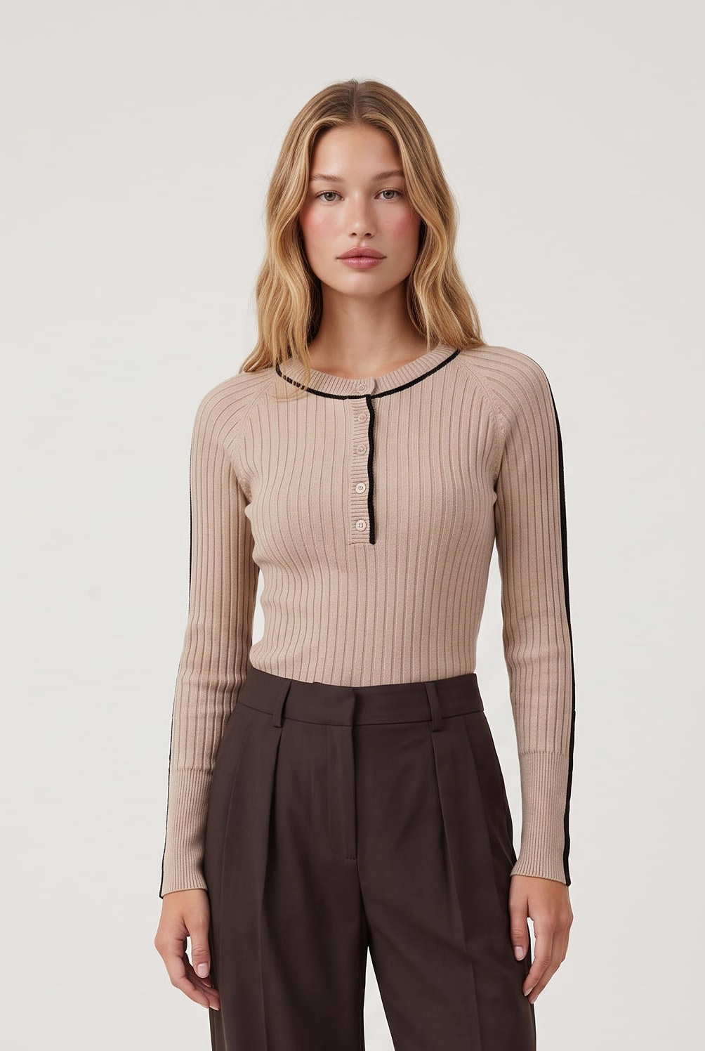 
TAN/BRW model wearing Sunny Henley Striped L/s posing Front View