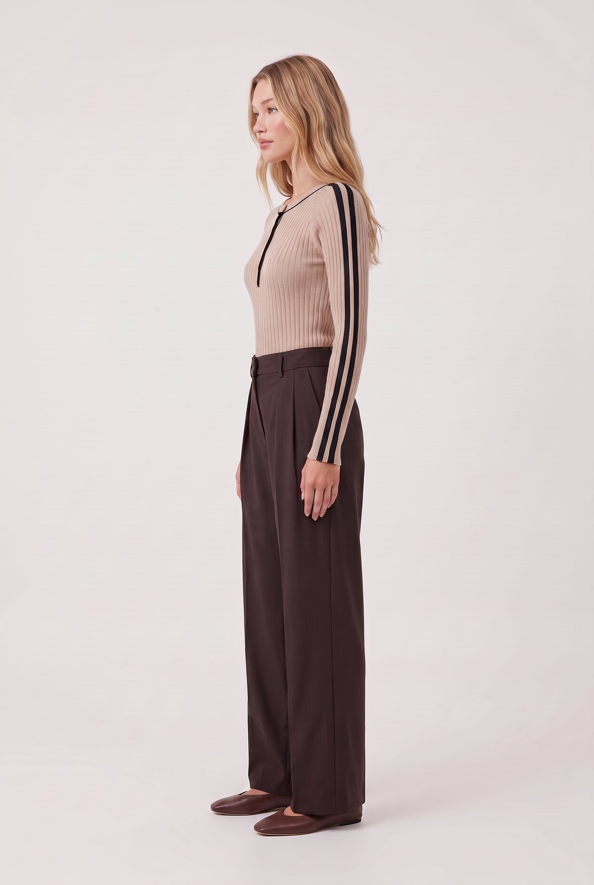 
model wearing Sunny Henley Striped L/s posing Side View
