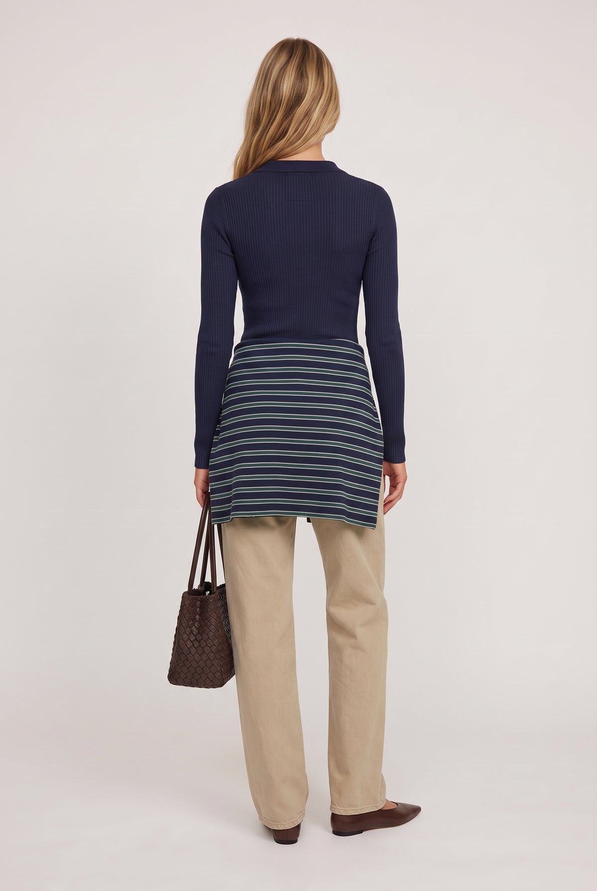 [NAVY] model wearing Rowan Ribbed L/s Henley posing Back View