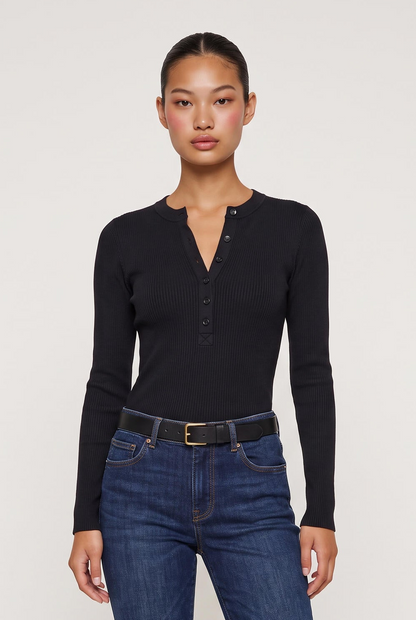 
model wearing Rowan Ribbed L/s Henley posing Front View