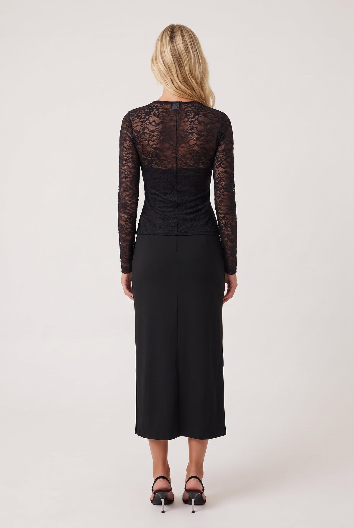 [BLACK] model wearing Roz Stretch Lace L/s Top posing Back View