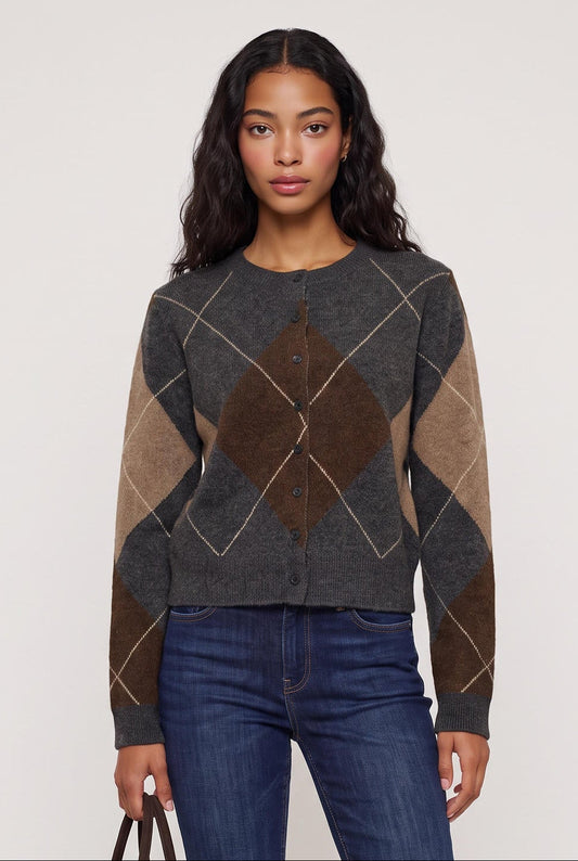 
model wearing Medina Argyle Cardigan posing Front View