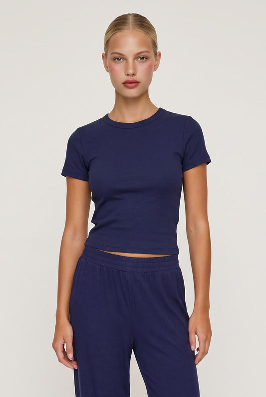 
model wearing Jayme Ribbed Tee posing Front View